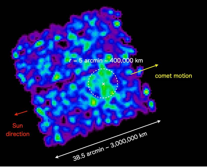 Изображение 3I/ATLAS в рентгеновском диапазоне, полученное телескопом для мягких рентгеновских лучей Xtend на борту обсерватории XRISM (JAXA). В поле зрения размером три миллиона километров в поперечнике различима слабая структура излучения, простирающаяся на 400 000 км от межзвёздного объекта. Источник: JAXA.