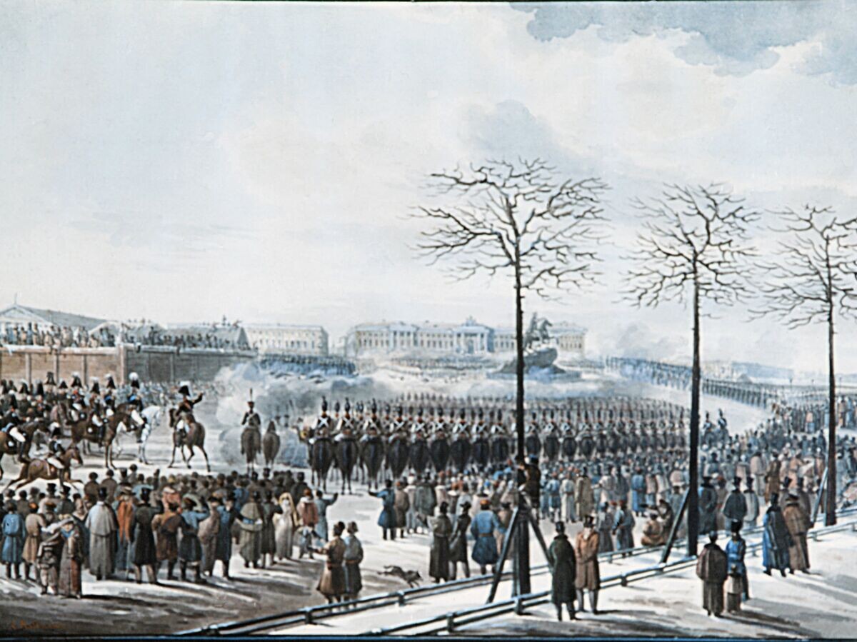    "Восстание на Сенатской площади в Петербурге 14 декабря 1825 г.". Акварель К.Гольмана. 1830 г. Из фондов Государственного исторического музея. | © РИА Новости / РИА Новости