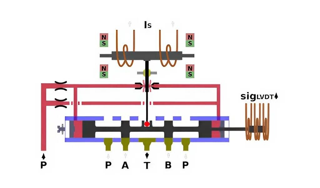 Принцип работы двухкаскадного электрогидравлического сервоклапана. Материал взят с сайта https://commons.wikimedia.org