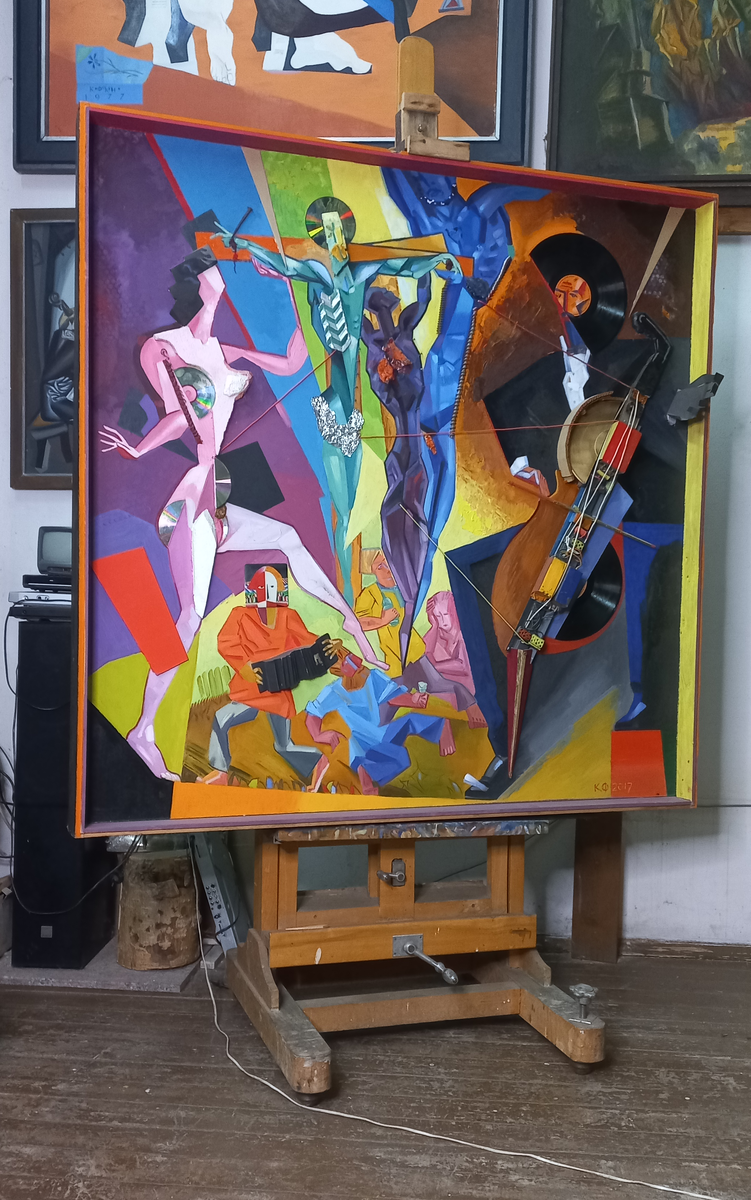 Константин Фокин. Распятие с танцовщицей. х.м. ассамбляж. 150х150. 2017