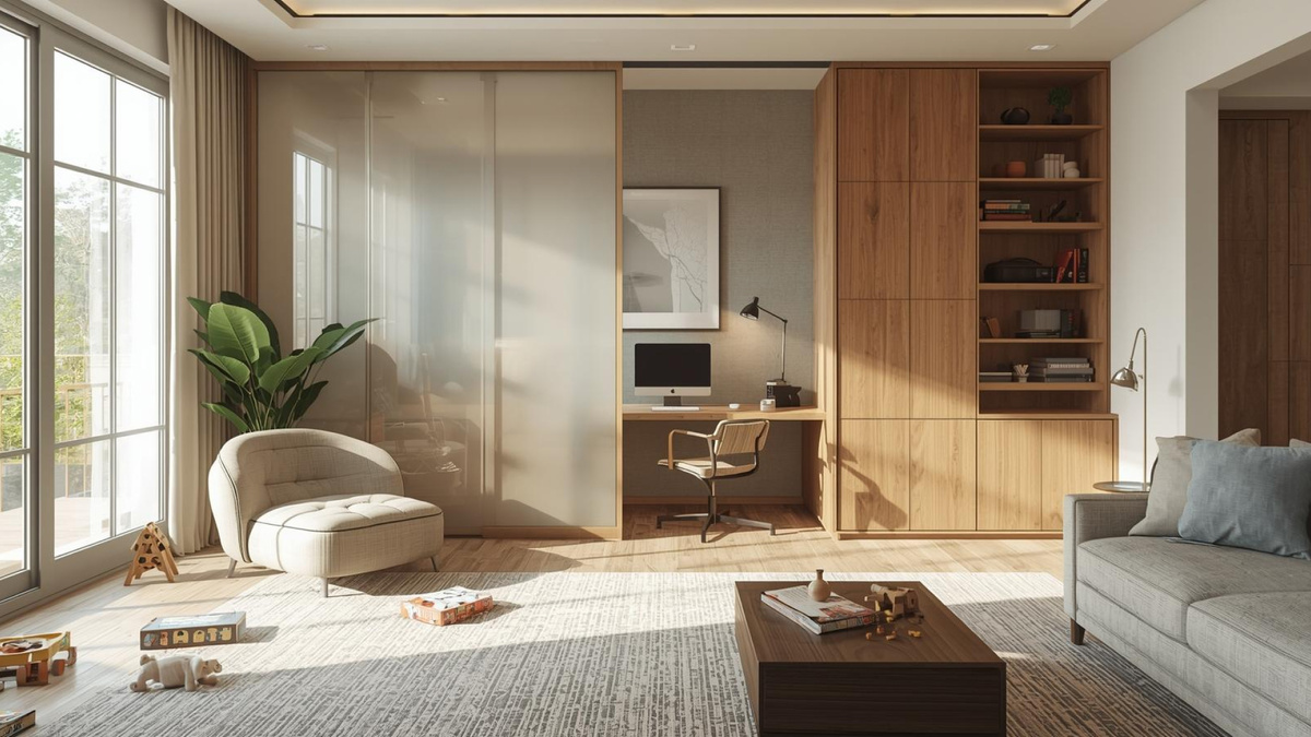 Организовать рабочую зону возможно даже в небольшой квартире — благодаря тем же матовым перегородкам или стеллажам