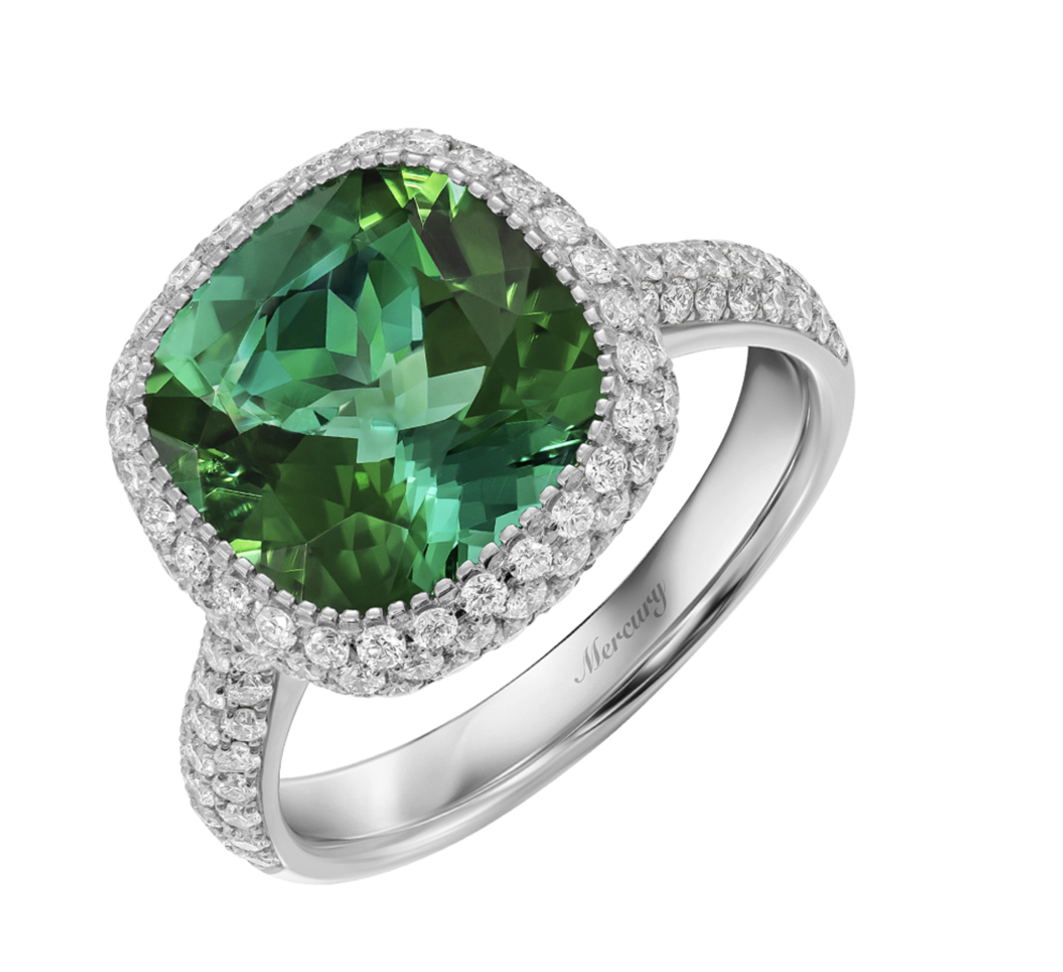 Кольцо Mercury Bonbons из белого золота с бриллиантами и центральным зеленым турмалином