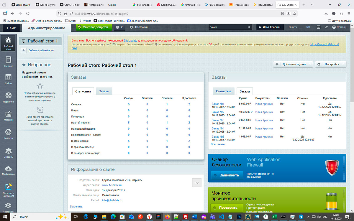 Главная страница административной панели. Рабочий стол можно настроить для отображения статистики, заметок, подключить виджеты, компоненты.