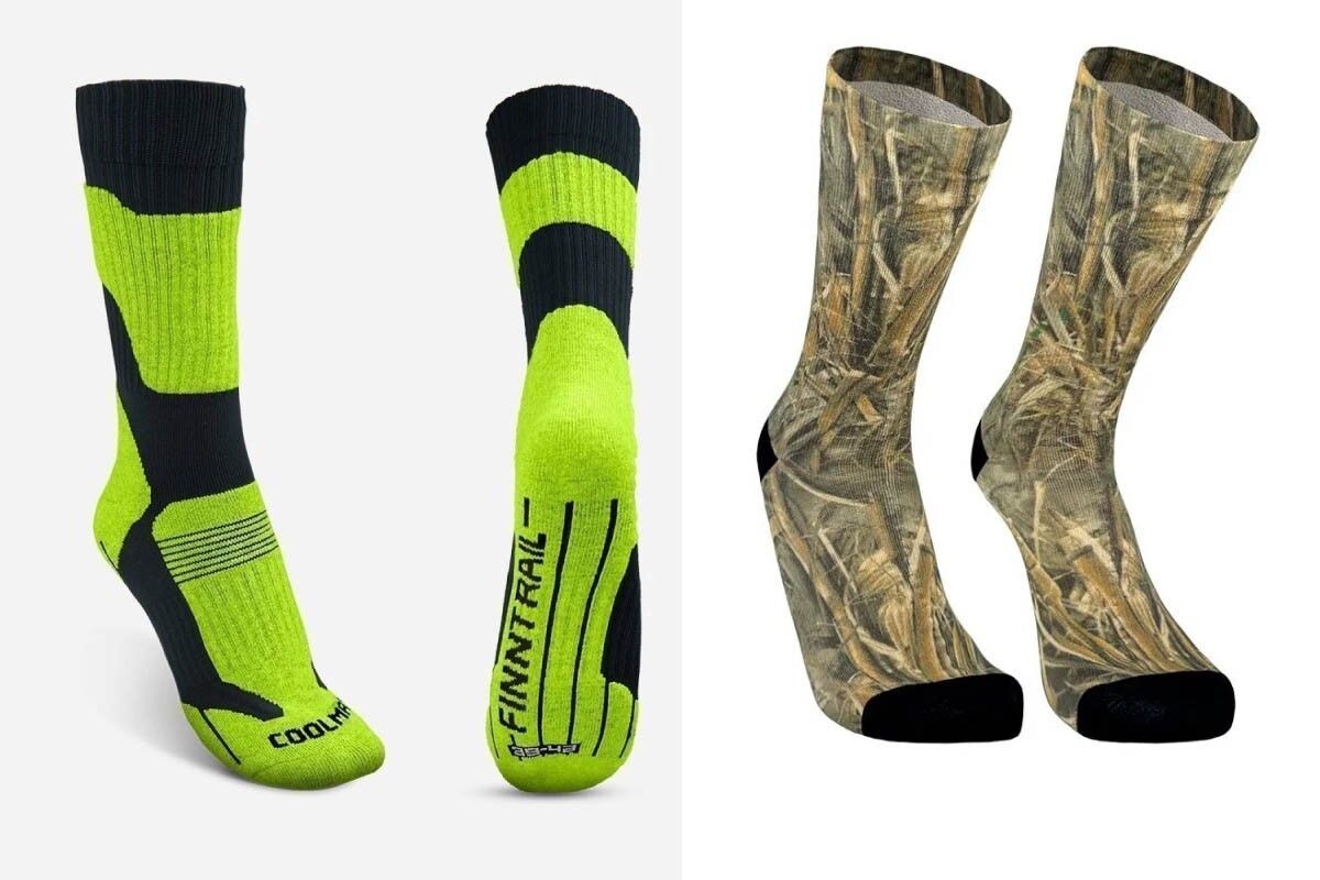 Фото 1. Каналы для вентиляции стоп. Фото 2. Водонепроницаемые носки для охотников. Источник: finntrail.ru, dexshell.ru📷
