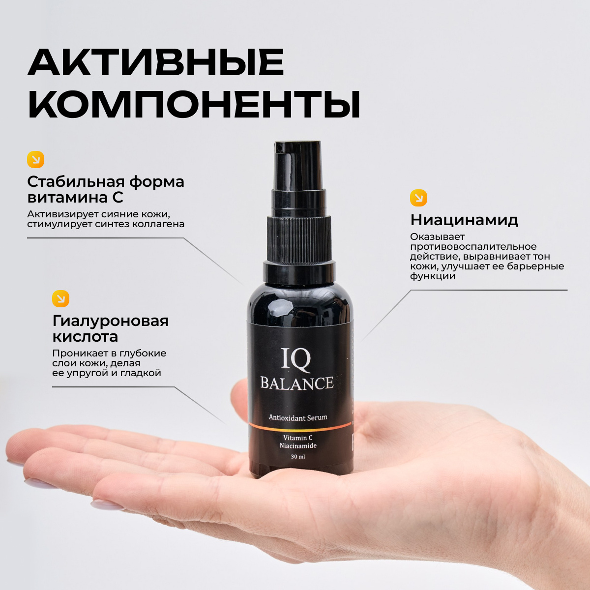 Увлажняющая сыворотка IQ BALANCE для лица с витамином С ниацинамидом и гиалуроновой кислотой. OZON: арт. 1723414889 WB: арт. 291381788