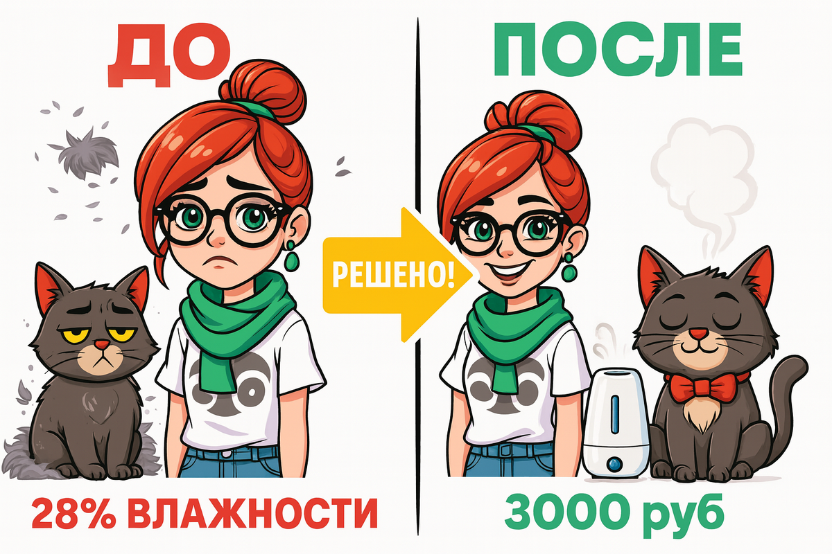 Иллюстрация создана автором с помощью нейросети специально для статьи
"Увлажнитель воздуха против зимней линьки кота: фото результата до и после использования за 3000 рублей"