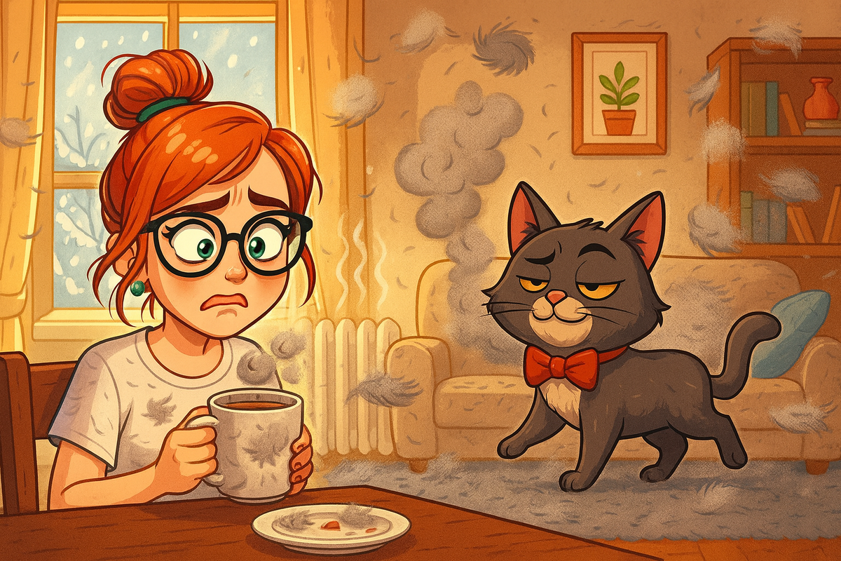 Иллюстрация создана автором с помощью нейросети специально для статьи "Зимняя линька кота превращает квартиру в шерстяной ад: как отопление влияет на кошачий мех"