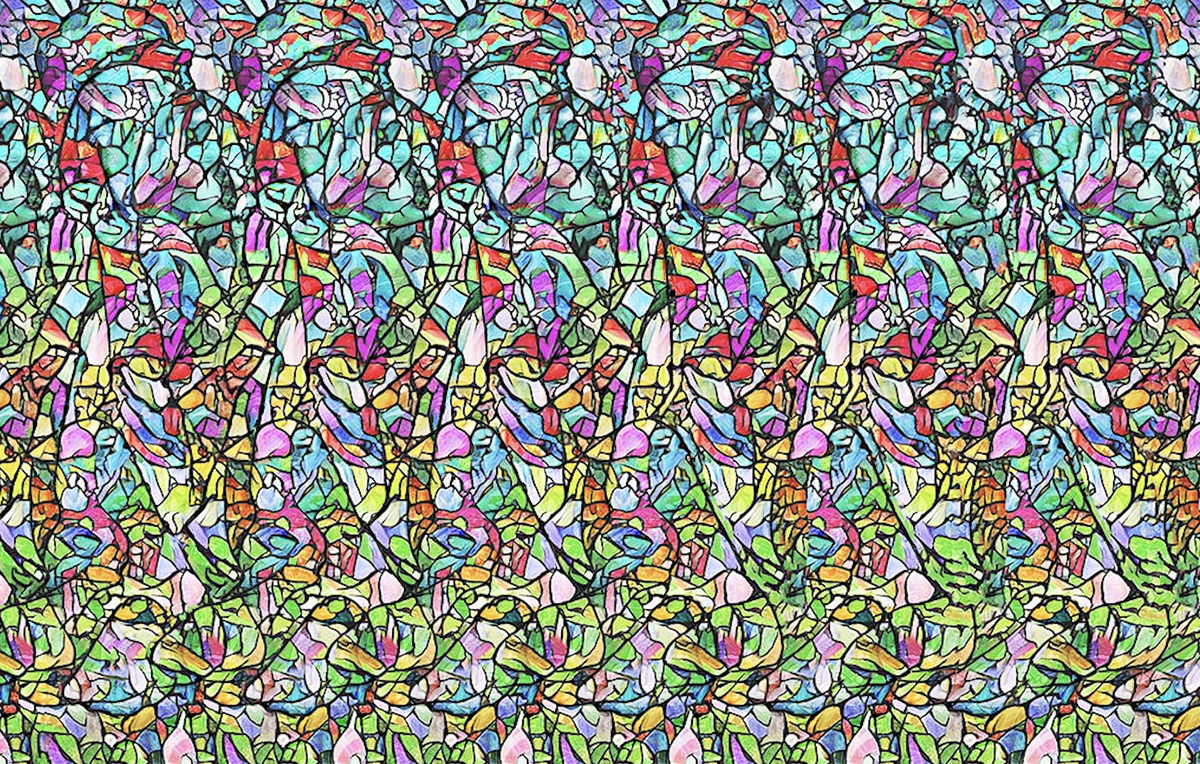 Оптическая стереоиллюзия с лёгкими воздушными силуэтами, которые проявляются при правильном фокусе.