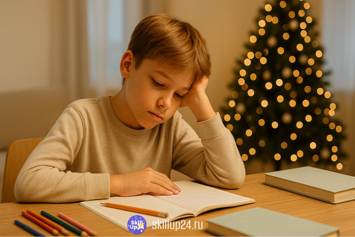 Уставший школьник делает уроки за столом в декабрьской домашней обстановке, мягкий свет и огни ёлки создают атмосферу ожидания каникул; реалистичное фото для онлайн школы SkillUp24 в городах Астрахань, Барнаул, Владимир, Владивосток, Волгоград, Воронеж, Екатеринбург, Ижевск, Иркутск, Казань, Калининград, Кемерово, Киров, Краснодар, Красноярск, Липецк, Махачкала, Москва, Набережные Челны, Нижний Новгород, Новокузнецк, Новосибирск, Омск, Оренбург, Пенза, Пермь, Ростов-на-Дону, Рязань, Самара, Санкт-Петербург, Саратов, Сочи, Томск, Тольятти, Тула, Тюмень, Уфа, Ульяновск, Хабаровск, Чебоксары, Челябинск, Ярославль. как дотерпеть школу до нового года, усталость школьника, стресс в школе, ребёнок устал учиться, как пережить школу, как повысить мотивацию ребёнка, как помочь ребёнку учиться, декабрь школа усталость, как дожить до каникул, психологические советы для школьников, подготовка к контрольным декабрь, как снизить стресс у школьника