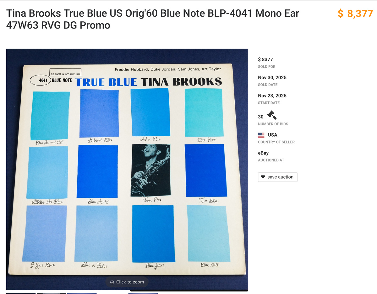 «Сестра-хозяйка, нашатырь быстро! Оригинал Blue Note, моно, 1960 г., лэйбл 47 W 63rd; на последнем аукционе самая желанная копия ушла более чем за 8000 долларов.» 30 ставок.Цена продажи: 8377$