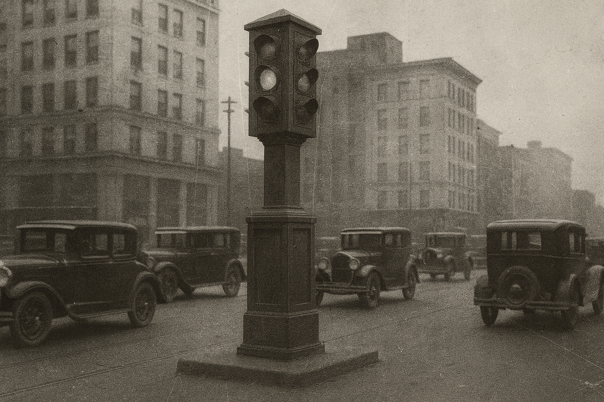 Историческая реконструкция светофорной башни Детройта 1920-х годов.
Сгенерировано с помощью нейросети  (DALL·E).