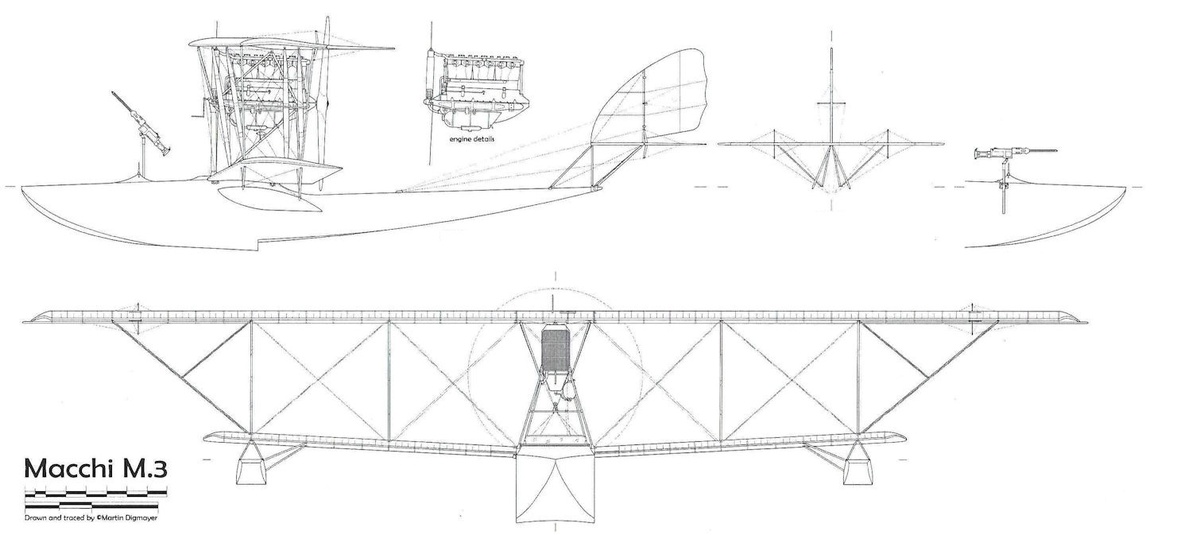 схемы многоцелевой летающей лодки Macchi M.3, виды сбоку и спереди. Чертеж flyingmachines.ru