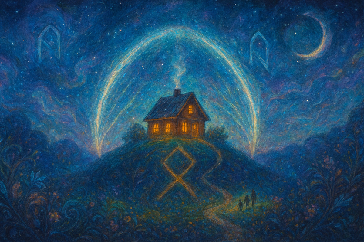 Дом под защитой рун: Отила и Альгиз
Магический дом на вершине холма, окутанный сиянием рун Отала и Альгиз. Сильный символ рода, личной территории и защиты, идеальная иллюстрация для статьи о руническом раскладе на дом, семью и энергетику пространства.