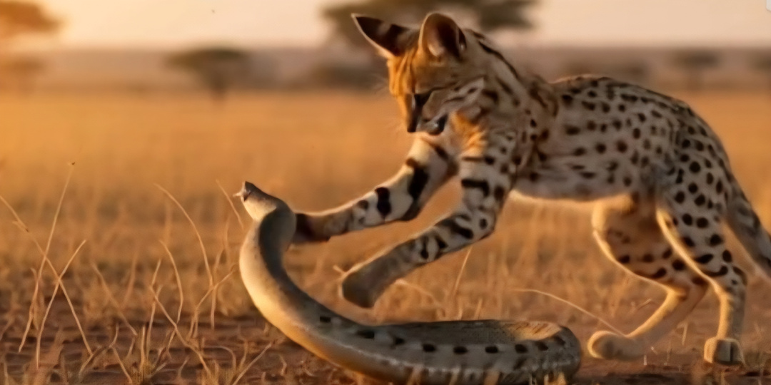 Сервал против змеи: длинноногий кот, который обедает ядовитой гадюкой
