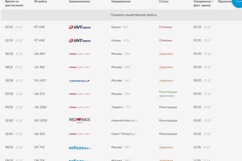    Скриншот табло Кольцово