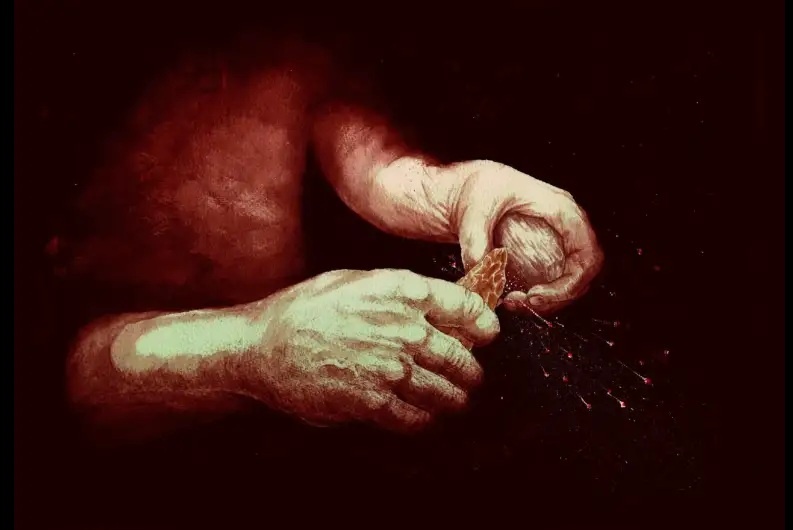 Художник изобразил искры, вылетающие из кремня и пирита. Фото: Крейг Уильямс, попечители Британского музея.