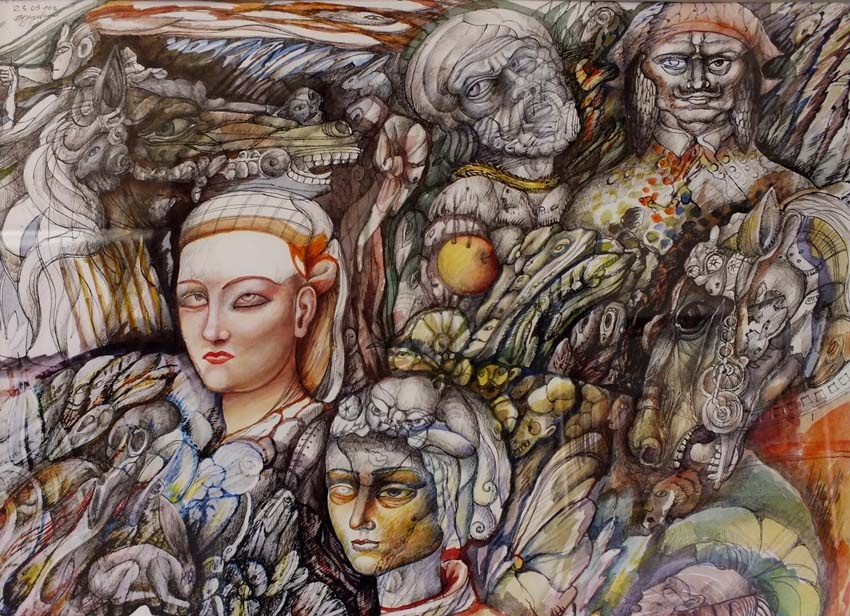 Пузыревский Сергей "Охотники и дамы. Вирсавия и Давид"
29х41 бум шарик ручка акварель 2010 г
Вирсавия (Бат Шева, ивр. בת שבע — «дочь клятвы») — персонаж Ветхого Завета, жена царя Давида и мать царя Соломона.
Вирсавия была женщиной редкой красоты. Царь Давид, прогуливаясь на крыше своего дворца, увидел внизу купающуюся Вирсавию. Её муж, Урия Хеттеянин, находился в то время вдали от дома, на службе в армии Давида. Вирсавия не пыталась соблазнить царя, о чём свидетельствует библейский текст. Но Давид соблазнился красотой Вирсавии и приказал, чтобы её доставили во дворец. В результате их отношений она забеременела. Позже Давид написал командиру армии Урии письмо, в котором приказал поставить Урию там, где будет «самое сильное сражение, и отступите от него, чтоб он был поражен и умер» (2Цар. 11:15). Действительно, так и произошло, и Давид впоследствии женился на Вирсавии. Их первый ребёнок прожил всего несколько дней. Давид же раскаялся в содеянном. 50-й псалом написан Давидом, когда он каялся в том, что убил благочестивого мужа Урию Хеттеянина и овладел его женою Вирсавиею.
