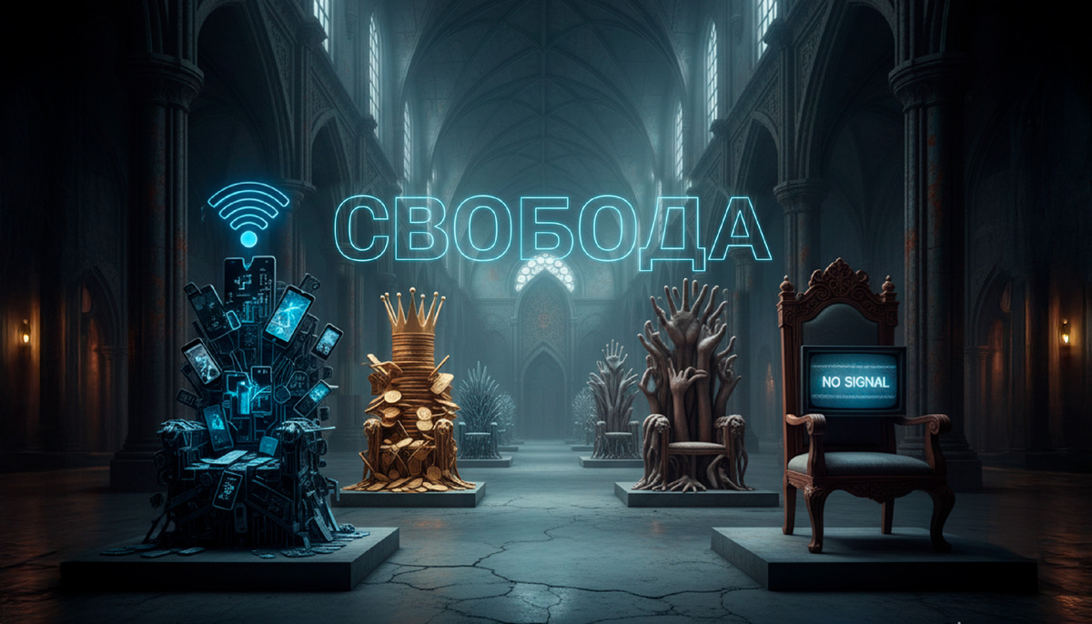 В зале, похожем на собор, стоят символические троны: из смартфонов, из монет, из поднятых рук и с экраном «No signal». Над ними светится слово «Свобода».