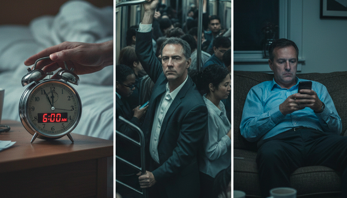 Три сцены повседневности: звонок будильника в 6 утра, поездка в переполненном метро и человек, уставший, сидит дома и смотрит в телефон.