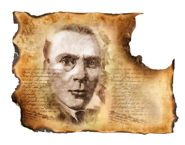 Это портрет М. Булгакова на фоне несгоревшей рукописи из серии моих рисунков к роману "Мастер и Маргарита"