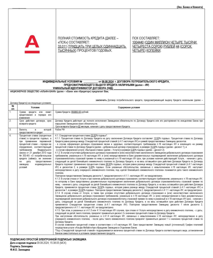 Кредитный договор в АО "Альфа-банк"
