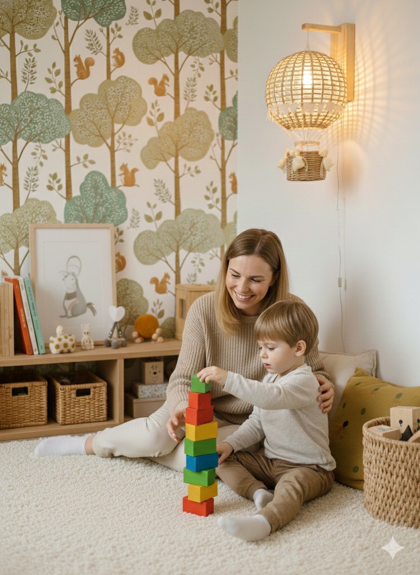 Настенный светильник с плетеным абажуром в форме воздушного шара. Нижняя корзина функциональна. Туда можно посадить маленького пилота или хранить детские сокровища.