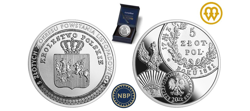   Серебряная памятная монета Польши 2025 года, 20 злотых, Proof, 5 злотых 1831 года, Ноябрьское восстание, Доминика Карпиньска-Копец