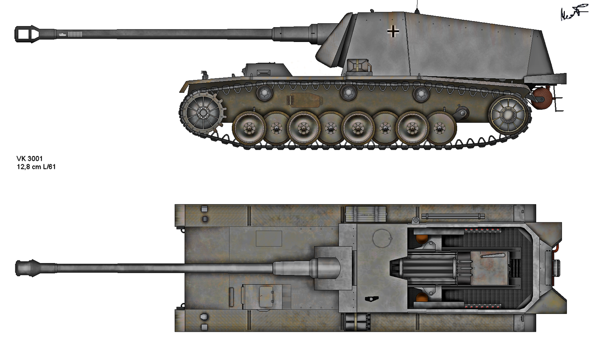 САУ «Sturer Emil», вид сбоку. Между 1-м и 2-м поддерживающими роликами виден эвакуационный люк, которым мог пользоваться мехвод.