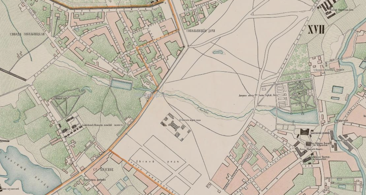 Рыбинка на карте Москвы 1859 года. Как видите, на всём её протяжении были пруды. С сайта www.retromap.ru.