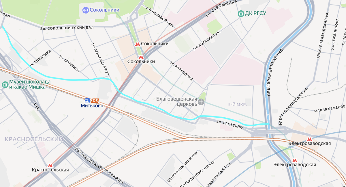 Очень схематичное изображение реки Рыбинки на карте современной Москвы. С учётом изменения русла в годы СССР. Яндекс.Карты.