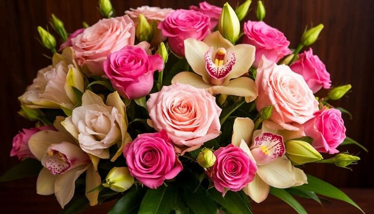    Букет из роз, эустомы и цимбидиума. Сгенерировано с помощью Шедеврум ИИ