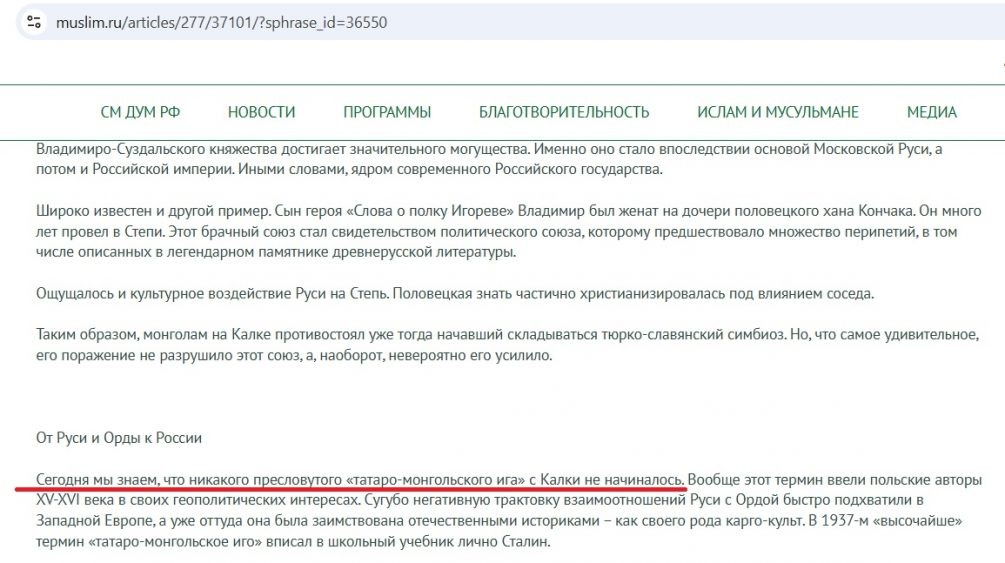    Идею «ордынства» продвигают давно и упорно. Сайт ДУМ, скриншот