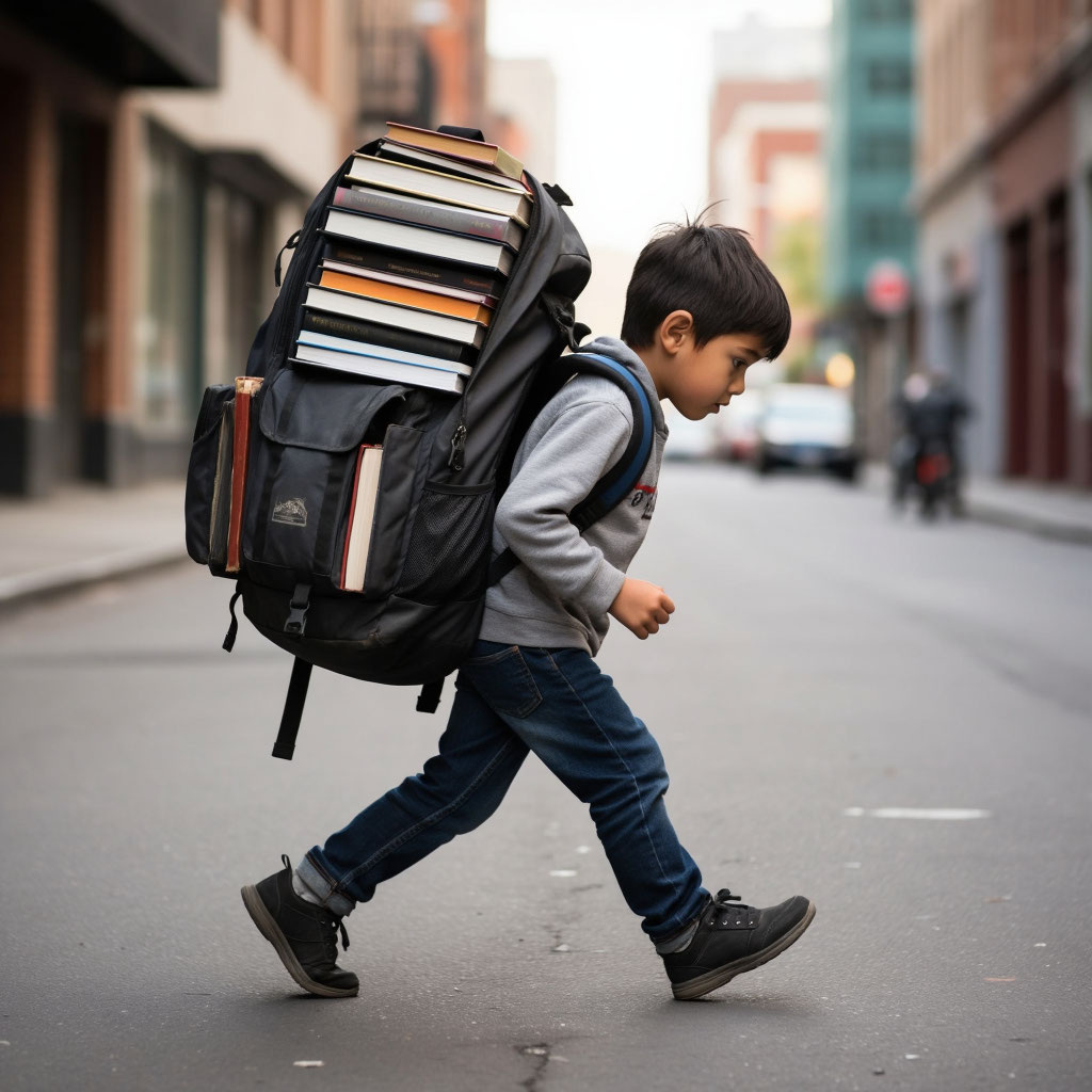Изображение сделано нейросетью. Ребёнок тащит неподъемный рюкзак с книгами.