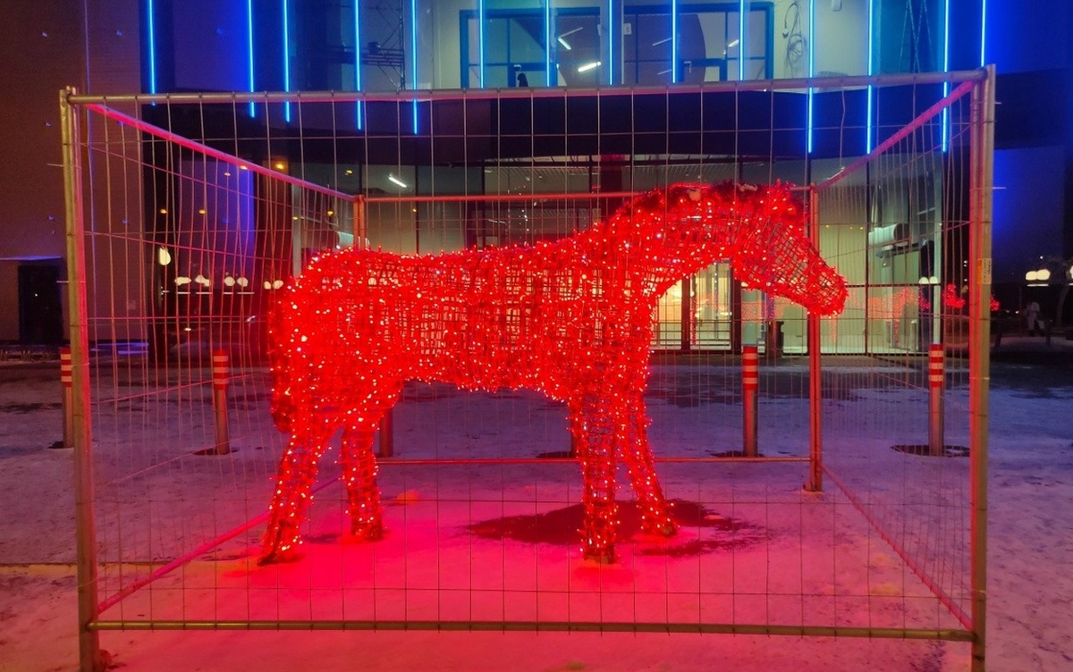    Фотофакт: красная лошадь в клетке появилась у торгового центра в Ижевске