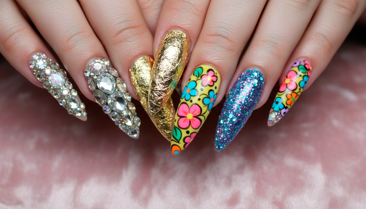 Все лучшее сразу». Стразы, вензеля и длина XL. Такой маникюр создает визуальный шум и превращает руки в когти хищницы. Это вульгарно!