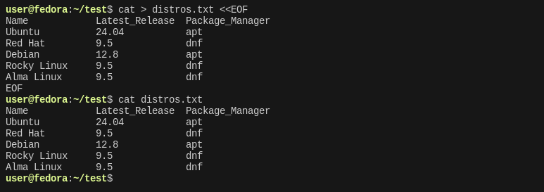 Создание тестового файла с актуальными версиями дистрибутивов Linux.