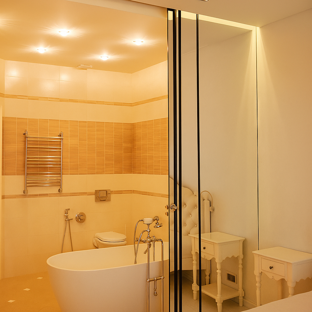 Зеркальная перегородка отделяет ванную от спальни