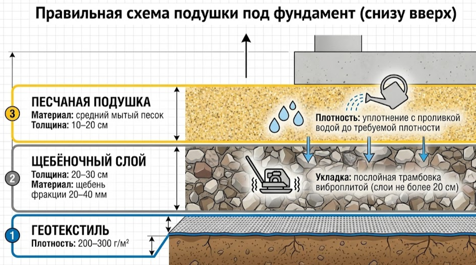 Схема подушки под фундамент 