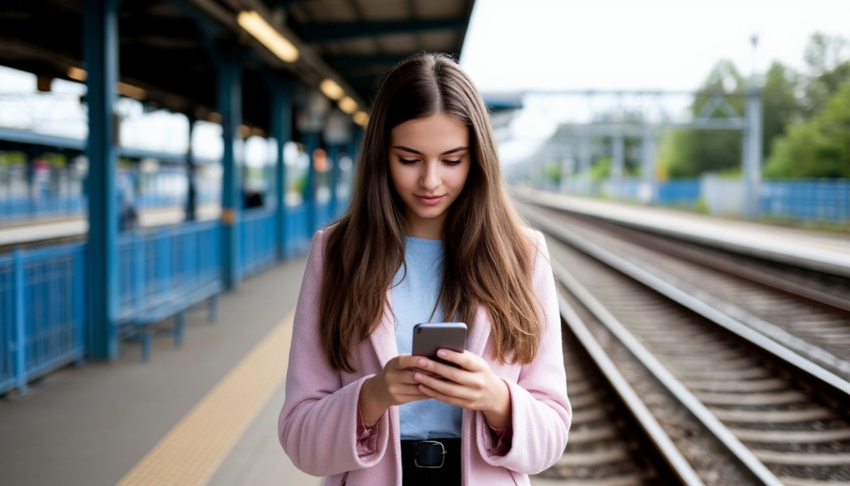Девушка подключает интернет перед поездкой на поезде