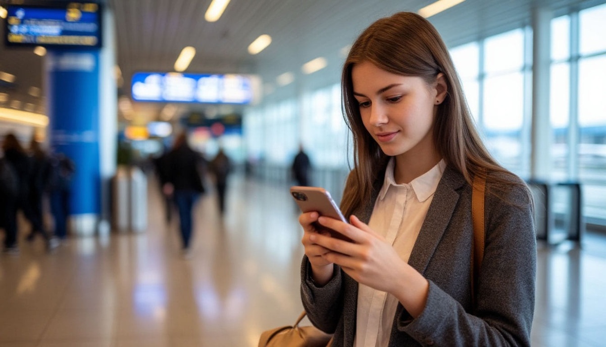 Девушка пользуется интернетом в аэропорту