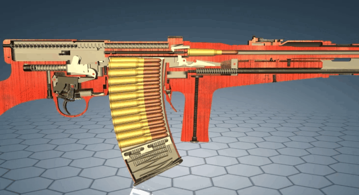 Общая анимация работы автоматики оружия - уже серийного образца. Так же здесь можно рассмотреть работу расположенного под казенной частью ствола рычажного ускорителя затвора.