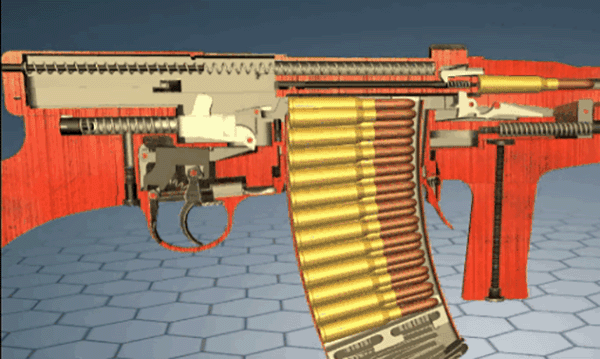 Работа ударно-спускового механизма в режиме одиночной а затем автоматической стрельбы. Переводчик, поднимаясь вверх, своим выступом действовал на ползун, который отжимал спусковой рычаг разобщая его с боевым взводом курка. Далее, после нажатия на спусковй крючок, в дело вступали курок и автоспуск.