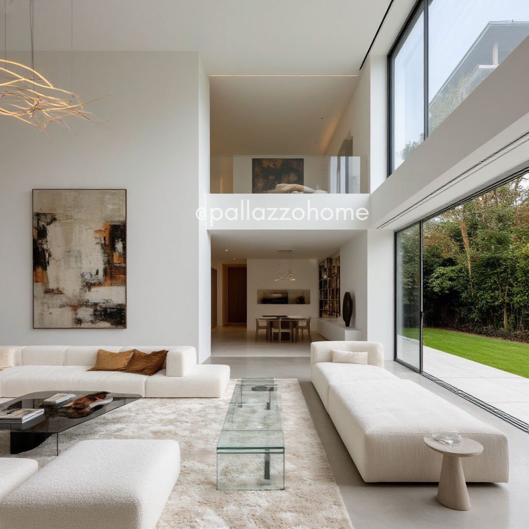 Тёплый белый в современной гостиной с панорамными окнами: мягкая глубина, ровный свет и идеальная работа оттенка в минималистичном пространстве.