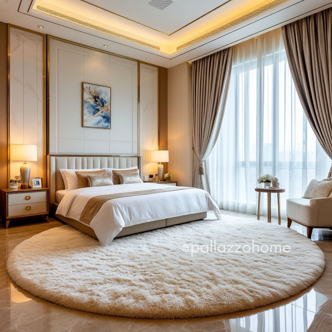 Сливочный и молочный белый в спальне: сочетание мягкого текстиля, золотистой подсветки и тёплых оттенков создаёт эффект дорогого отеля и визуальный комфорт.