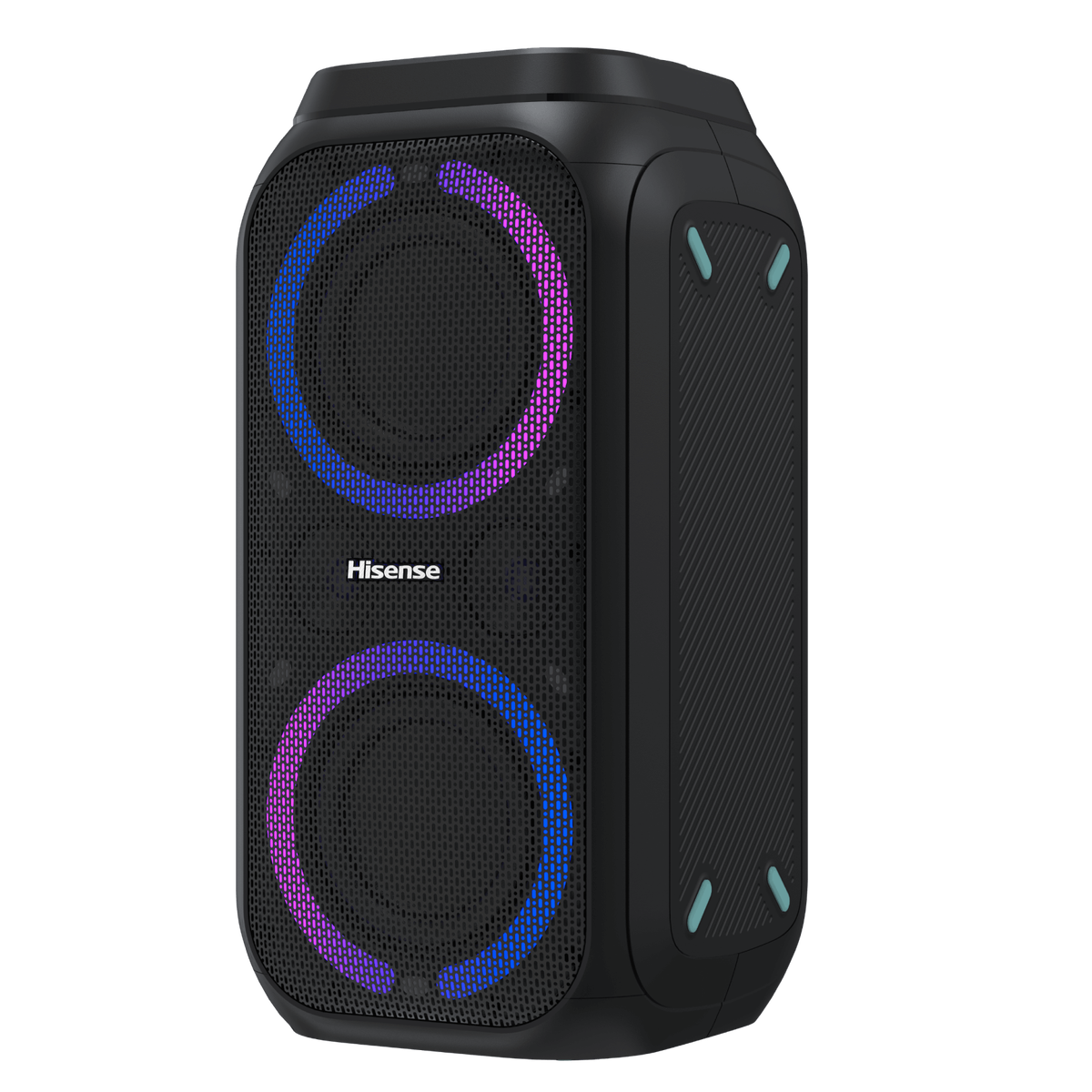 Акустическая система Hisense Party Rocket 160 в действии. Цилиндрическая колонка с яркой RGB-подсветкой установлена на столе на вечеринке. Динамическая подсветка синхронизирована с музыкой