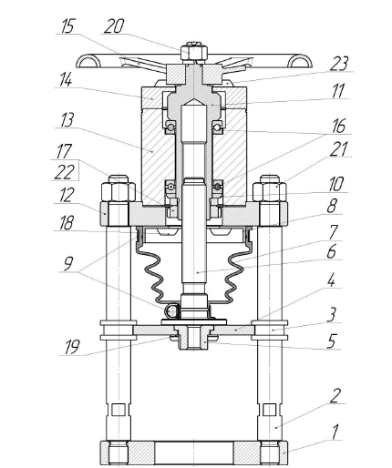 схема ручного привода для клапана запорно регулирующего URAN H 400                                        1 – диск; 2 – шпилька; 3 – кольцо направляющее; 4 – фиксатор; 5 – муфта; 6 – шток; 7 – пыльник; 8 – прижим пыльника; 9 – хомут; 10 – шайба; 11 – полумуфта; 12 – фланец; 13 – корпус; 14 – крышка модуля; 15 – штурвал; 16 – подшипники; 17 – гайка; 18,19 – винты; 20 – гайка; 21 – гайки; 22 – шайба гроверная, 23 – винты.