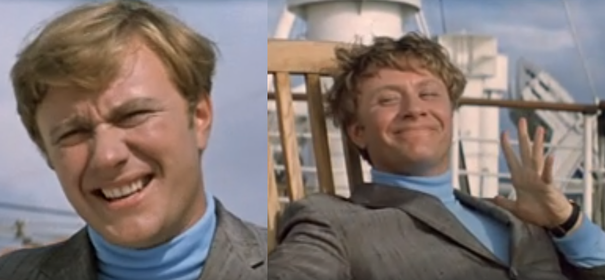 Изменения в прическе Гены Козодоева. Кадр из комедии Леонида Гайдая "Бриллиантовая рука" 