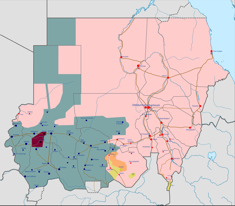 Розовый цвет – территории, контролируемые правительством генерала аль-Бурхана, серым – СБР, районы с обозначенными штрихом границами контролируются Южным Суданом, жёлтые и оранжевые – НОДС