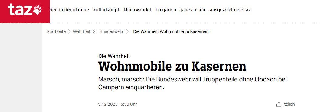 Дома на колесах в казармы
Марш, марш: Бундесвер хочет расквартировать воинские части с отдыхающими без укрытия.