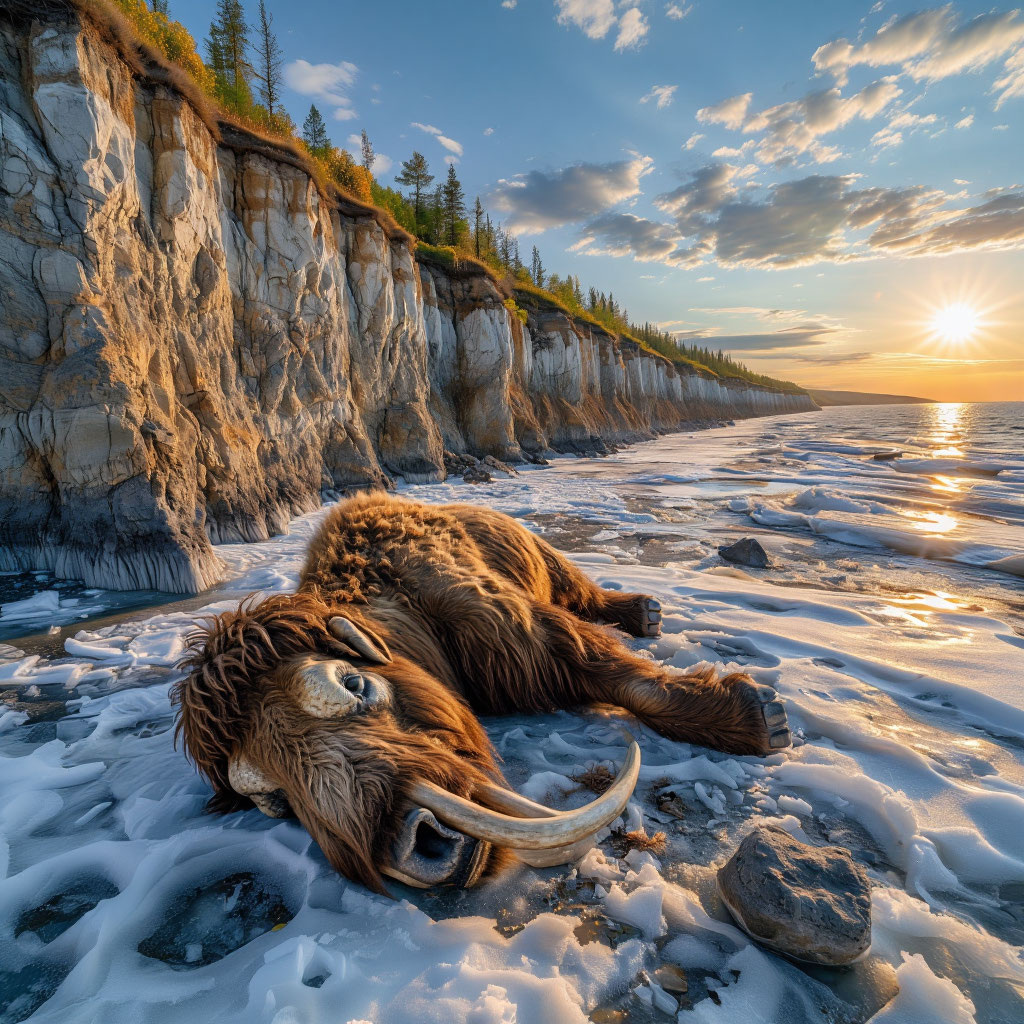 Художественная реконструкция. Сгенерировано нейросетью Яндекс ART по авторскому запросу для визуализации момента обнаружения уникальной находки в термокарстовом обрыве.